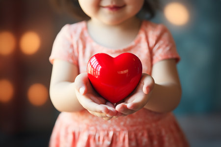 A cute girl smiling happily in her hand holding a red heart. Beautiful bokeh background. The love of the family, the father and mother towards the child. Generative Ai.の素材
