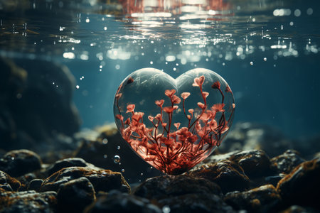 Red coral in a heart shaped bubble underwater In the stream there are rocks and moss that shimmer in the sunlight. concept is travel, love, honeymoon. Generative Ai.の素材