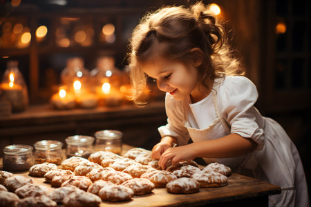 Children's pastry chef. A cute girl, smiling and having fun, wearing an apron and a chef's hat. Kneading dough making sweets, bakery, baking bread. Future dream job. Generative Ai.の素材