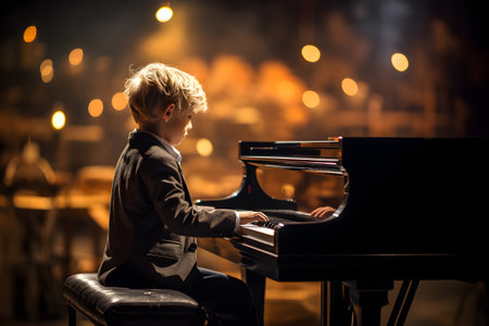 A cute kid boy pianist is sitting on the stool playing piano on stage. A child in black suit is playing the piano on stage. Spotlight shines bokeh light background. Generative Ai.の素材