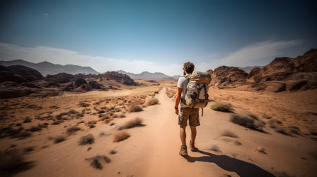 Backpacker man carrying a backpack walking in the desert alone dry road It is barren and hot, along with the mountains and the sky during the day. Generative Ai.の素材