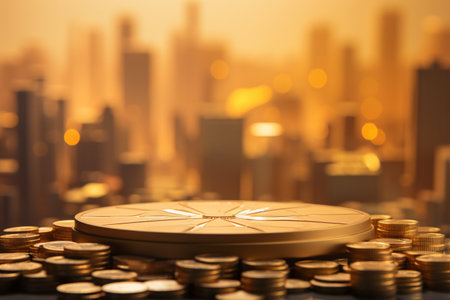 Circle pedestal or podium and coins gold, city, building, skyscraper in the sun. Yellow-orange sunset light. copy space. Blurred background. Financial business. Generative Ai.の素材