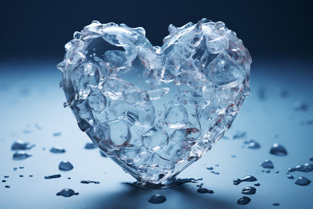 Melting heart shaped ice cubes bright light on a dark blue background in top view. Copy space. The concepts are heartbreak, calmness, love, sadness and crying. Generative Ai.の素材