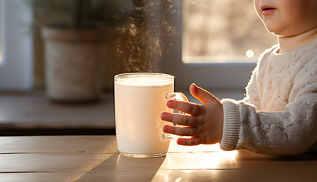 A child sits on a chair, hands reaching for a glass of hot milk. Children drink milk to make their bodies healthy and nutritious. scalding hot water. Generative Ai.の素材