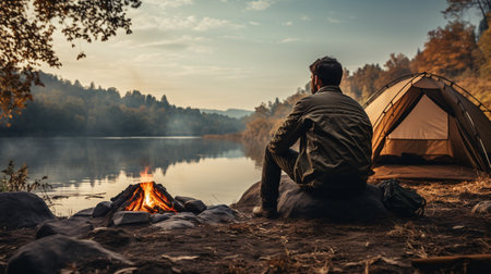 A man travel is sitting and warming himself by a fire at the edge of a lake and mist, with a bonfire, a tent, the morning sun or sunset, a forest, a mountain range. Generative Ai.の素材
