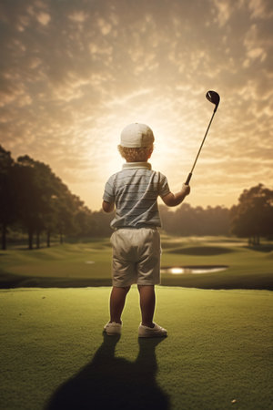 Boy golfer standing with back with golf clubs holding hands on green or golf course. Behind is a pond, trees, sky at sunset. Future dream job for kid. Generative Ai.の素材