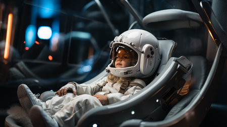 A girl in an astronaut suit sits in the cockpit of a spaceship. Futuristic high-tech background. Future dream job for kid learning, imagination and inspiration. Generative Ai.の素材