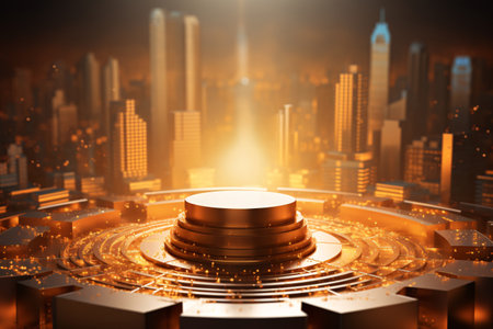 Gold circular pedestal or podium luxury and city, building, skyscraper in the sun. Yellow-orange sunset light and shining light. low polygon model. copy space. Generative Ai.の素材