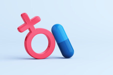 3D object hot pink female gender symbol and blue capsule pills medicine on light blue background. Concept is birth control pills, menstrual cramps or female hormones. clipping path. 3D Illustration.の写真素材