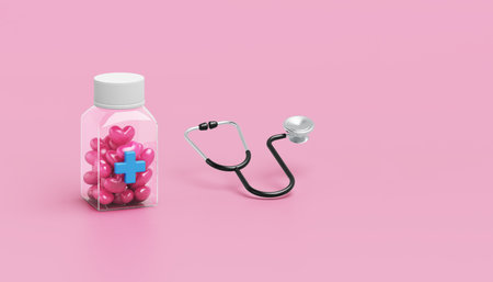 Transparent medicine bottle containing a 3D pink heart symbol with a stethoscope on pink background. Medical care and heart health checkup, cardiology. copy space. 3D illustration.の写真素材