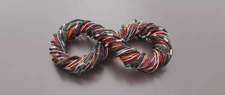 Red, black, yellow and blue electrical or signal wires twisted together in an infinity symbol shape...