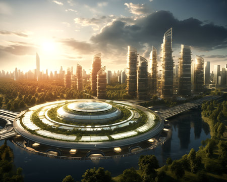 Images showcase cityscapes where solar panels seamlessly blend into buildings, providing clean and sustainable power. See how technology and eco-friendly practices work together, shaping a futuristic skyline powered by the sun.の素材