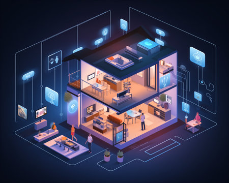 Step into a modern home where technology meets convenience. In this image, see someone effortlessly managing their environment while working from home, using voice-activated assistants and smart thermostats.の素材