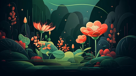 Illustrate a dynamic scene. capture the sense of movement and life within the plant kingdom in a poetic and visually appealing way. Imagine a lively garden where everything moves in harmony, creating a beautiful and simple showの素材