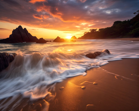 These photos capture the peaceful feeling of the shore as the sun dips below the horizon. Look closely at the warm colors in the sky, the reflections in the water, and the gentle waves rolling onto the sandの素材