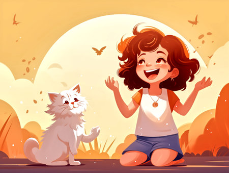 Step into the heartwarming world of "Joyful Adventures," a set of minimal vector illustrations in a vibrant flat design style that radiates cheerful colors and positivity. This collection beautifully captures the spirit of a child and petsの素材