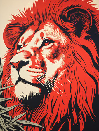 A striking block print showcasing an up-close portrait of a lion. Explore the depths of the jungle through this close-up encounter with a wildlife creature.の素材
