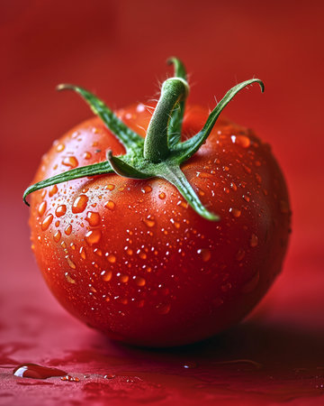 This captivating macro photograph captures the essence of freshness and richness, showcasing the tomato's intense red hues and glossy surfaceの素材