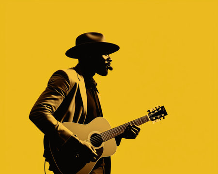 Illustration of a person holding a guitar with various poses.の素材