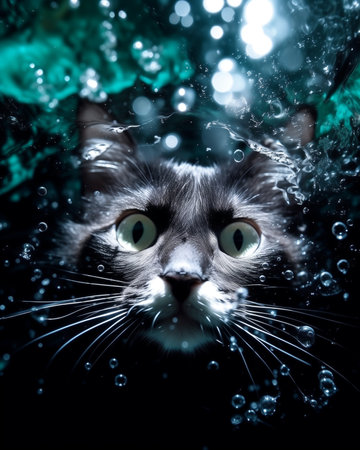 This high-speed shot captures the exquisite moment when the cat is mid-plop, water droplets suspended in the air, creating a mesmerizing dance of liquid jewels.の素材