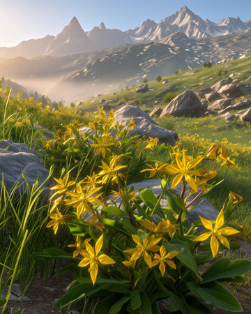 Embark on a journey through the ethereal beauty of "Mystical Canopy," where mountain flowers and trees come to life in the embrace of foggy conditionsの素材