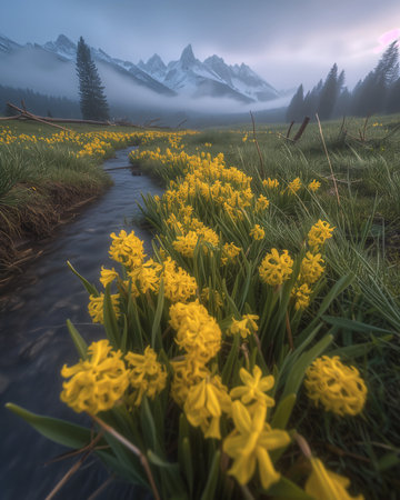 Embark on a journey through the ethereal beauty of "Mystical Canopy," where mountain flowers and trees come to life in the embrace of foggy conditionsの素材