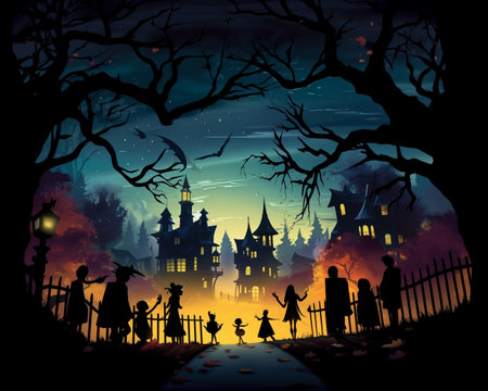 an illustration showcasing a group of trick-or-treaters on a Halloween adventure. Capture the excitement of costumed children in silhouette as they navigate a neighborhood filled with spooky decorations and illuminated pumpkinsの素材