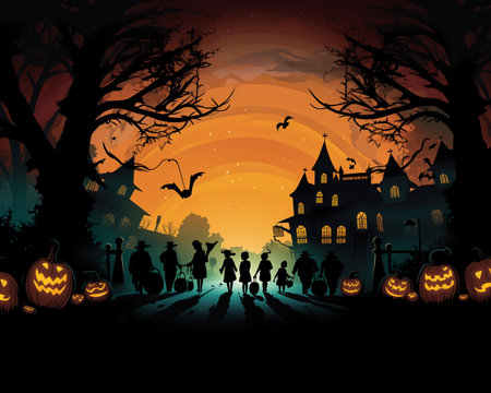 an illustration showcasing a group of trick-or-treaters on a Halloween adventure. Capture the excitement of costumed children in silhouette as they navigate a neighborhood filled with spooky decorations and illuminated pumpkinsの素材