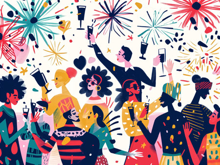 Welcome the new year with joy and optimism in our festive illustration, "A Bright Beginning." Against a backdrop of dazzling fireworks and shimmering lights, revelers gather to ring in the new year with laughter and cheer.の素材