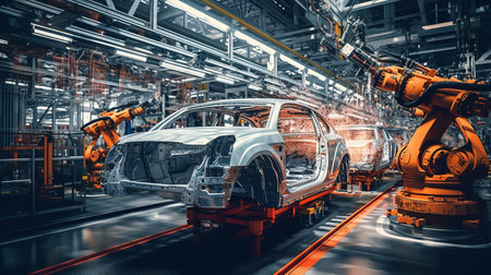 Robot arm on the automobile line production by AI generate.の素材