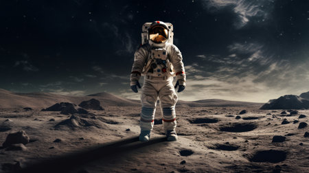 A valiant male astronaut with a sleek glass helmet, poised for the vastness of space, representing human curiosity and the spirit of exploration by Ai generate.の素材