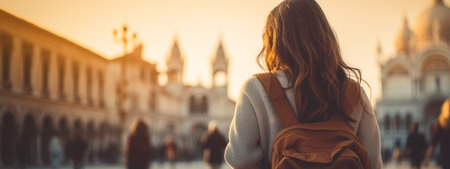 Joyful young women relish the charm of Italy on their European vacation, exploring vibrant streets by AI-generated.の素材