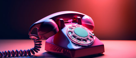 A retro-styled rotary dial telephone in a vibrant pink and blue light setting, evoking a sense of nostalgia and vintage aesthetics.の素材