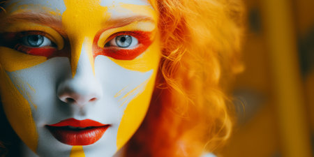 This striking portrait showcases the mesmerizing art of body painting, with bold strokes of yellow and red enveloping the subject's visage. The intense gaze of the model's blue eyes is accentuated by the vibrant colors, creating a captivating contrast that draws the viewer into a world of artistic expression by AI generate.の素材