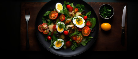 Overhead view of a nutritious garden salad featuring spinach, cherry tomatoes, black olives, boiled eggs, and herbs, served on a dark plate.の素材
