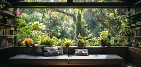 A tranquil reading nook surrounded by bookshelves and a large window showcasing a dense, verdant forest, creating a serene escape.の素材