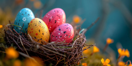 Painted Easter eggs nestled in bright green grass with yellow spring flowers blooming in the background, celebrating the festive season.の素材