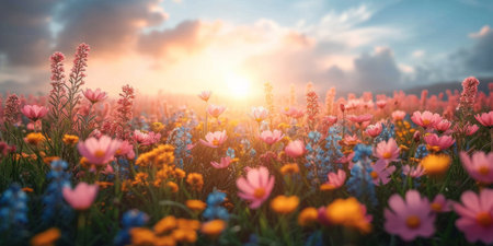 A vibrant field of colorful wildflowers bathed in the warm, golden light of a setting sun, creating a picturesque and tranquil scene.の素材