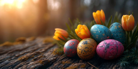 Painted Easter eggs nestled in bright green grass with yellow spring flowers blooming in the background, celebrating the festive season.の素材