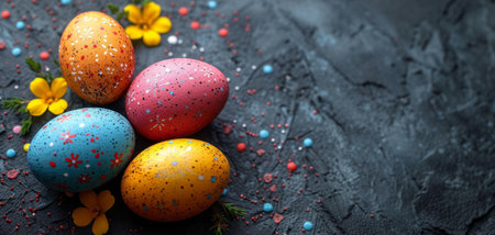 Painted Easter eggs nestled in bright green grass with yellow spring flowers blooming in the background, celebrating the festive season.の素材
