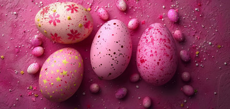 Painted Easter eggs nestled in bright green grass with yellow spring flowers blooming in the background, celebrating the festive season.の素材