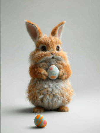 A whimsical Easter bunny standing upright and holding a colorful egg, evoking the playful spirit of the Easter holiday.の素材