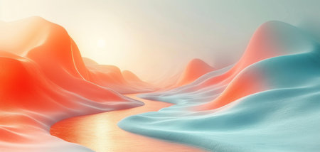 Abstract digital landscape with wavy shapes in soft blue and orange hues, evoking a serene sunrise over hills or dunes.の素材