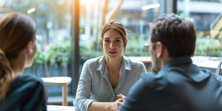 A focused professional woman engages in a discussion with colleagues during a daytime meeting in a well-lit office environment.の素材