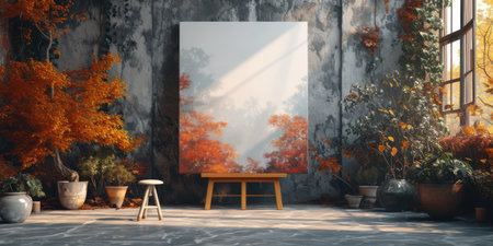 A single framed red autumn leaf stands against a white background, complemented by indoor greenery and a vibrant autumn view outside the window.の素材