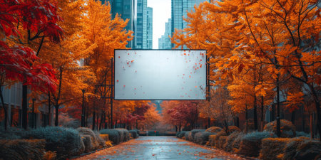 A blank canvas stands surrounded by vivid red autumn foliage, creating a striking contrast and an invitation for artistic expression.の素材
