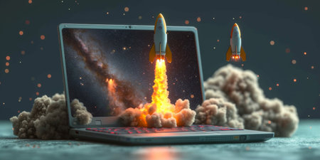 A digital illustration depicts a space rocket launching from a laptop screen, with a futuristic spaceship corridor in the background.の素材
