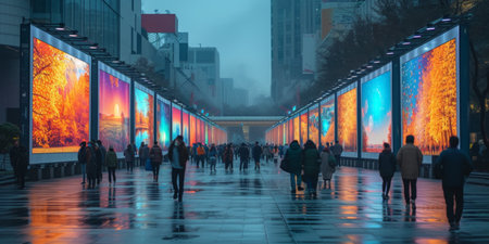 Pedestrians walking on a rainy city street at dusk, with a vibrant billboard display of autumn trees lighting up the evening.の素材