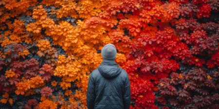 A lone individual in a winter jacket stands before a breathtaking display of fiery autumn foliage, immersed in the beauty of the season.の素材