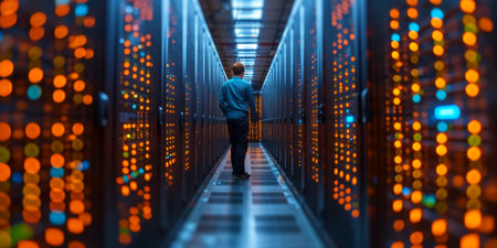 Back view of young businessman standing in data center and looking at network server.の素材